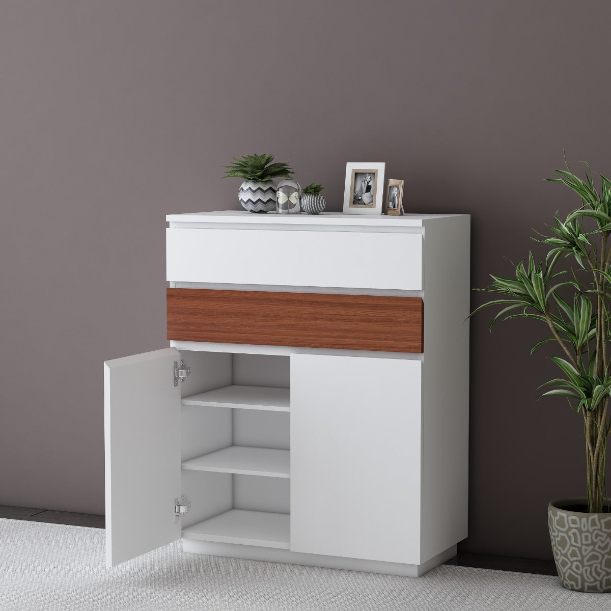 Modern White Shoe Cabinet with Wooden Accent and Sliding Door,  IM-1008