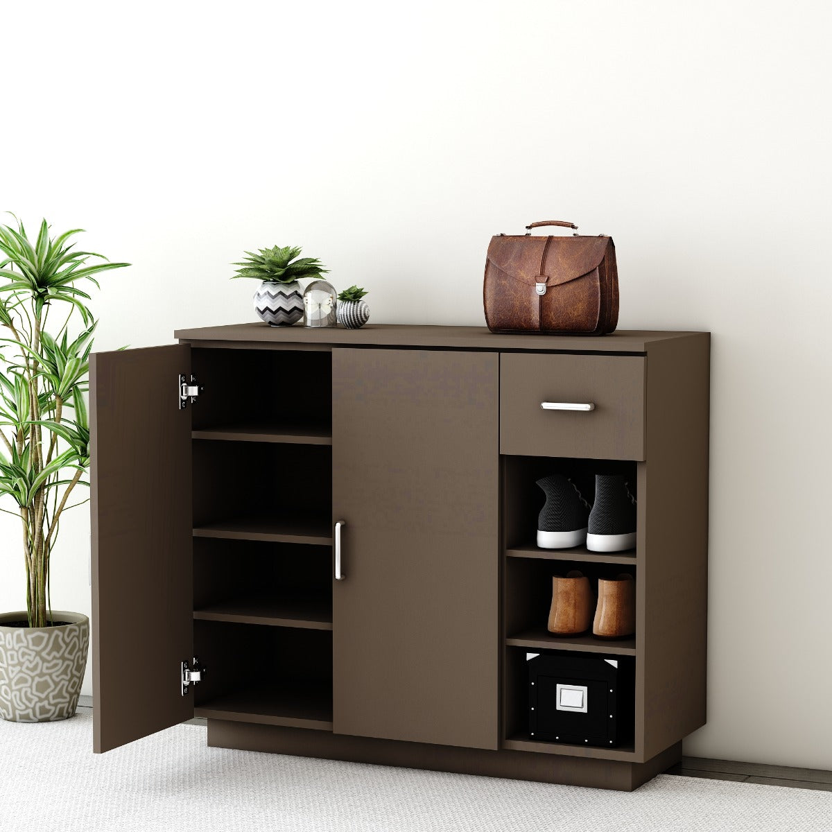 Dark Brown Modern Shoe Cabinet with Sliding Doors and Drawer, VT-3005