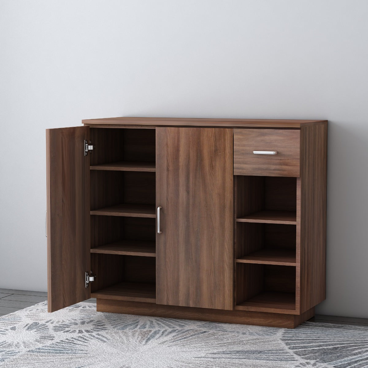 Contemporary Walnut Wood Storage Cabinet with Sliding Doors and Drawer,  VT-3004