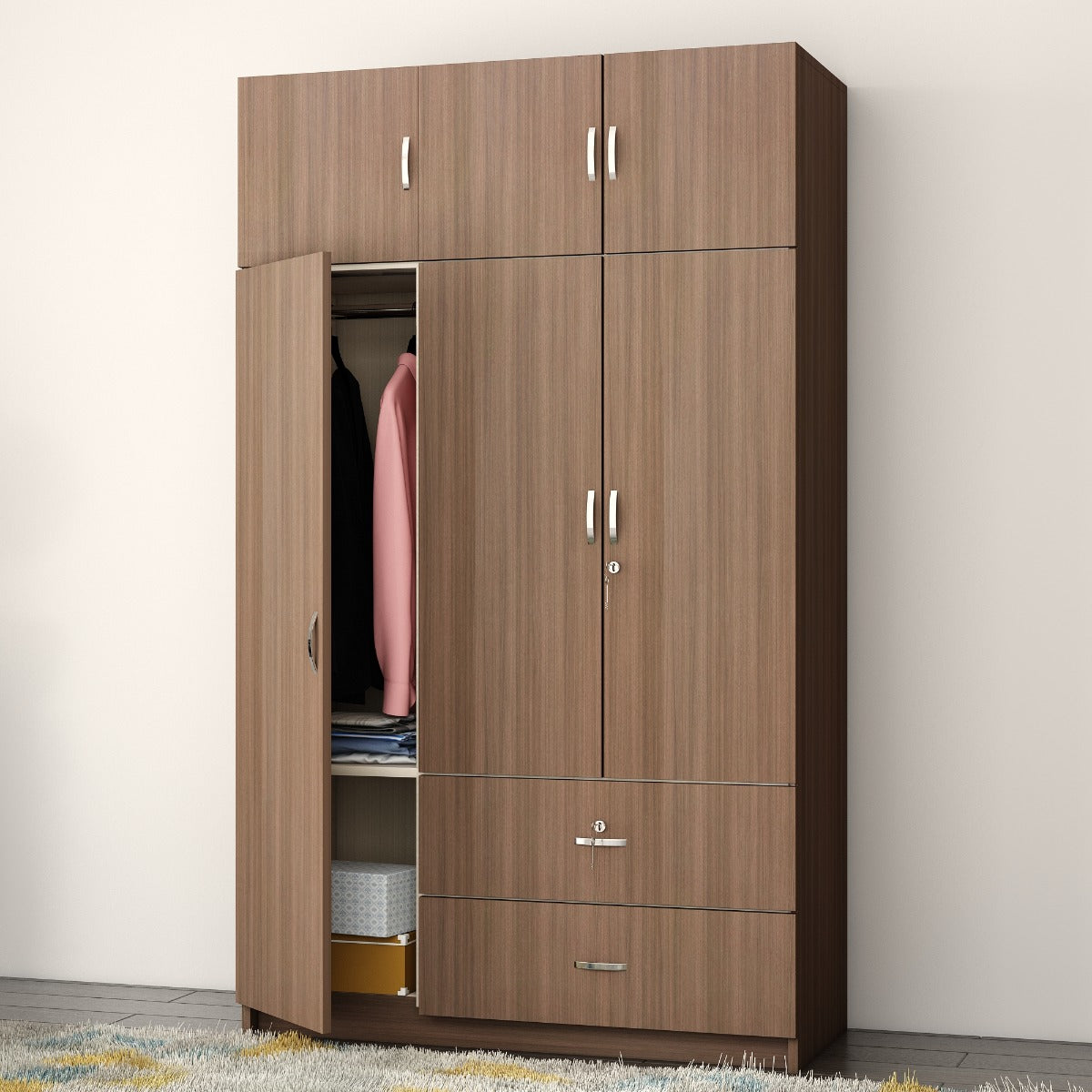 Wardrobe, Wardrobe Hanging Space, Wardrobe Loft Space, Wardrobe Open Self Space, Wardrobe  Wood Shutter, Wardrobe SS Handle, Wood Wardrobe, Wardrobe - IM- 7002