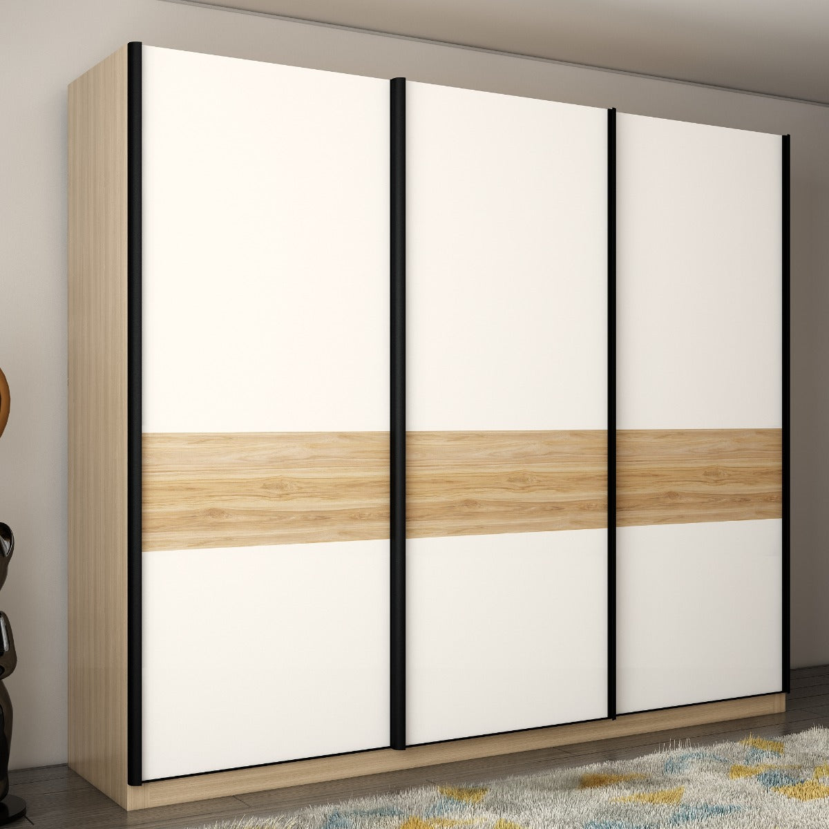 Wardrobe, Wardrobe Hanging Space, Wardrobe Open Shelf, Wardrobe Sliding Shutter,Wardrobe Drawer, Shoe Space with Wardrobe, White & Wood Wardrobe, Wardrobe - EL- 7003