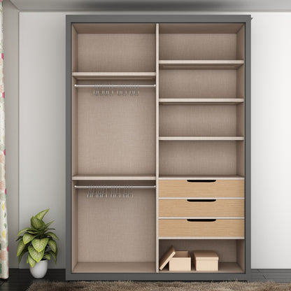 Wardrobe, Wardrobe Sliding Shutter, Wardrobe Hanging Space, Wardrobe Open Shelf,  Wardrobe Recess Handle, Shoes Space with Wardrobe, Grey & Wood Wardrobe, Wardrobe -VT- 7003