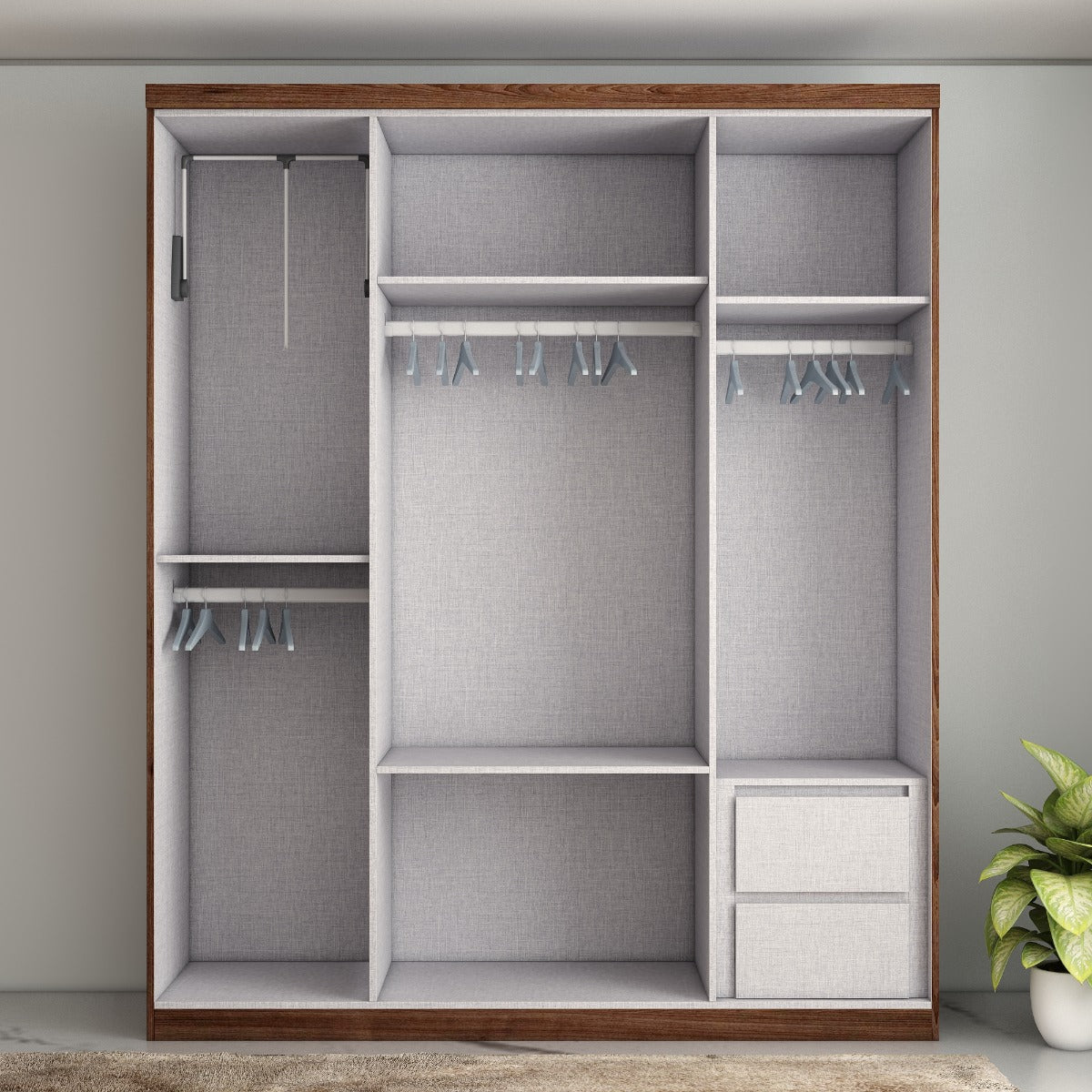 Wardrobe, Wardrobe Wood Shutter, Wardrobe Hanging Space, Pull down Hanger with Wardrobe, Wardrobe Open Shelf,   Wardrobe Grey Drawer,  Wood & Grey Wardrobe, Wardrobe -IM- 7003