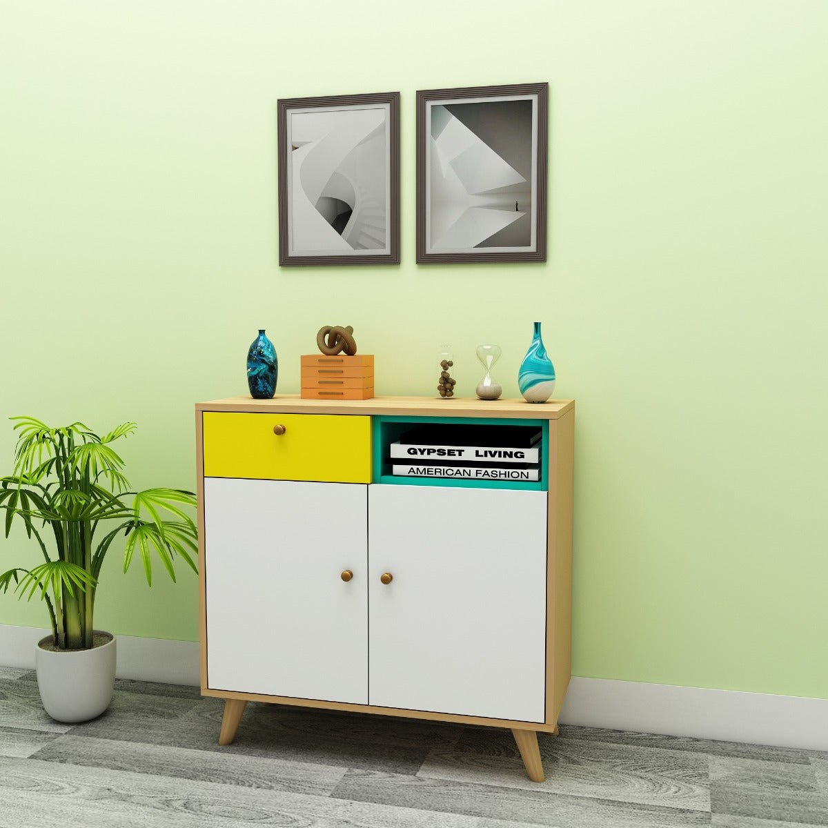 Book Shelf, Yellow, Green, White Color & Wood Book Shelf, Book Shelf with Drawer, Book Shelf with Shutter, Book Shelf with Open Space, Book Shelf - EL- 10002