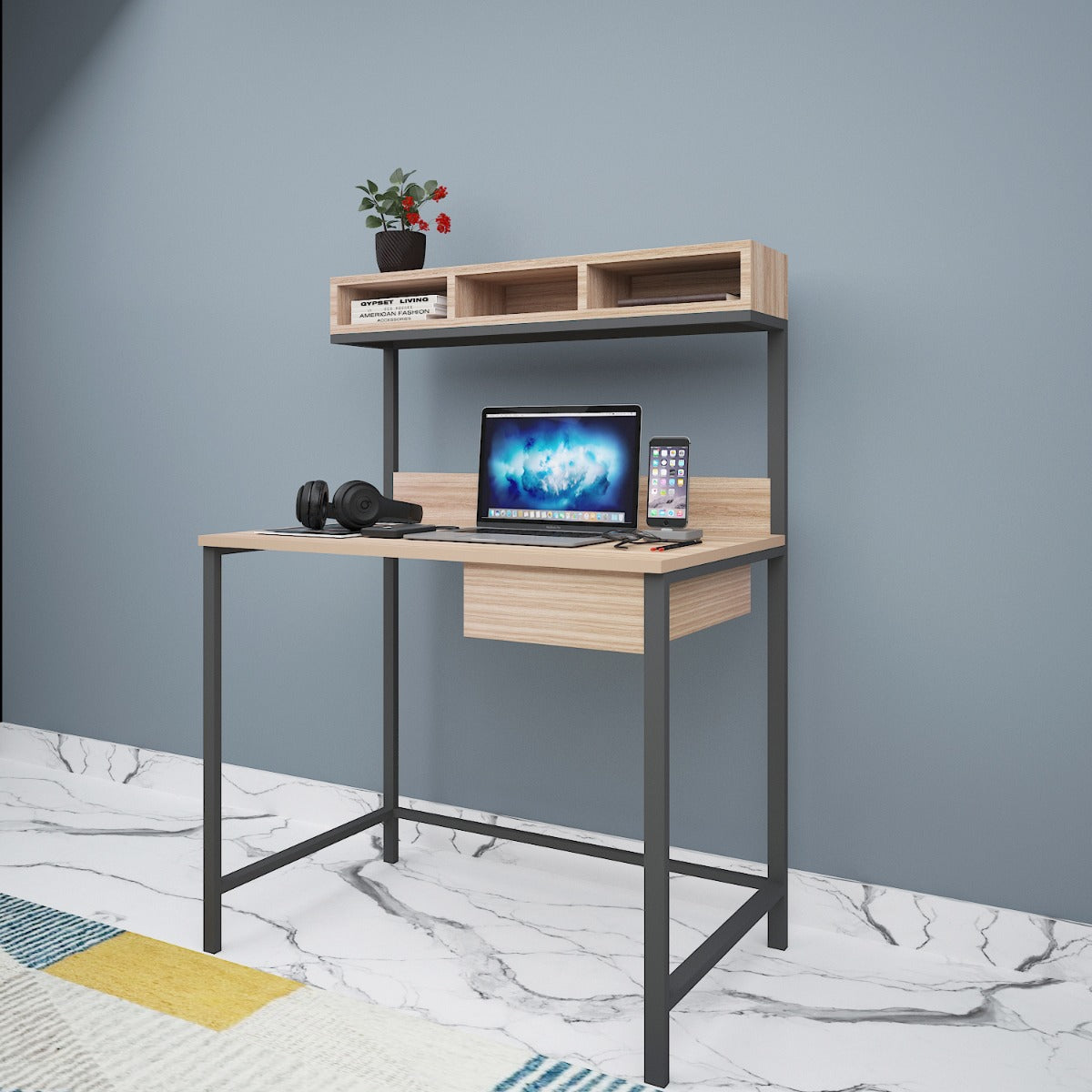 Study Table, Wood Study Table, Study Table with Drawer, Study Table with Dark Grey MS Leg, Study Table with Open Shelf, Study Table - IM - 12029