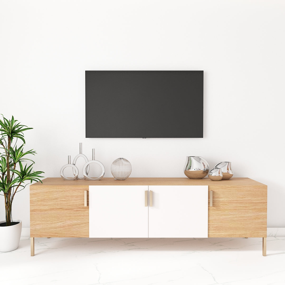 Entertainment Unit, Wood & White Color Entertainment Unit, Entertainment Unit for Living & Bedroom Area, Entertainment Unit with Shutter, Entertainment Unit - EL - 10013