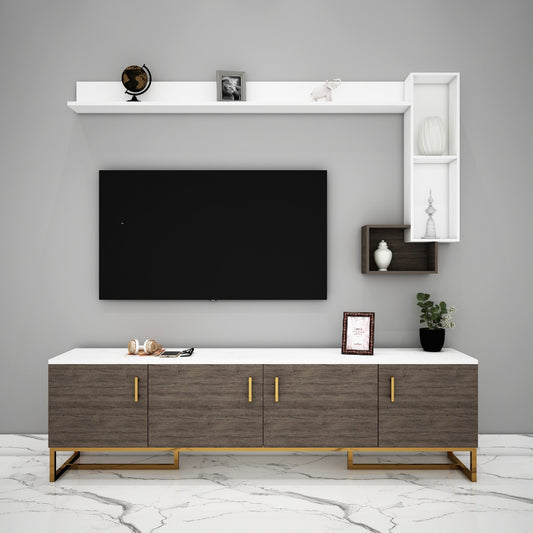 Entertainment Unit, Wood & White Color Entertainment Unit, Entertainment Unit for Living & Bedroom Area, Entertainment Unit with Open Shelf, Entertainment Unit with Shutter, Entertainment Unit with Metal Leg in Golden Finish, Entertainment Unit - IM-10013