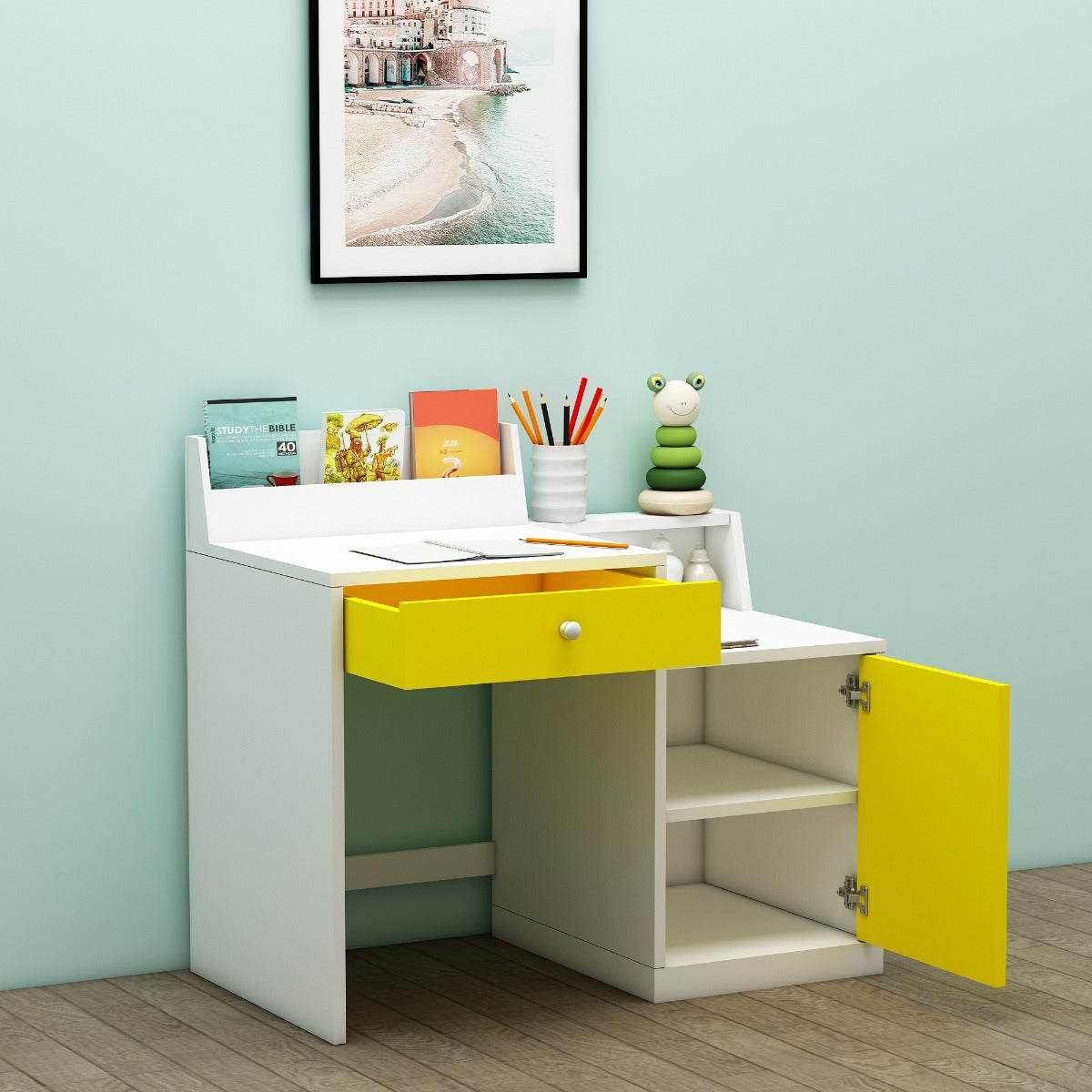 Kids Study Table, White & Yellow Color Study Table, Study Table with Open Shelf, Study Table with Drawer, Study Table with Shutter, Study Table - IM - 12048