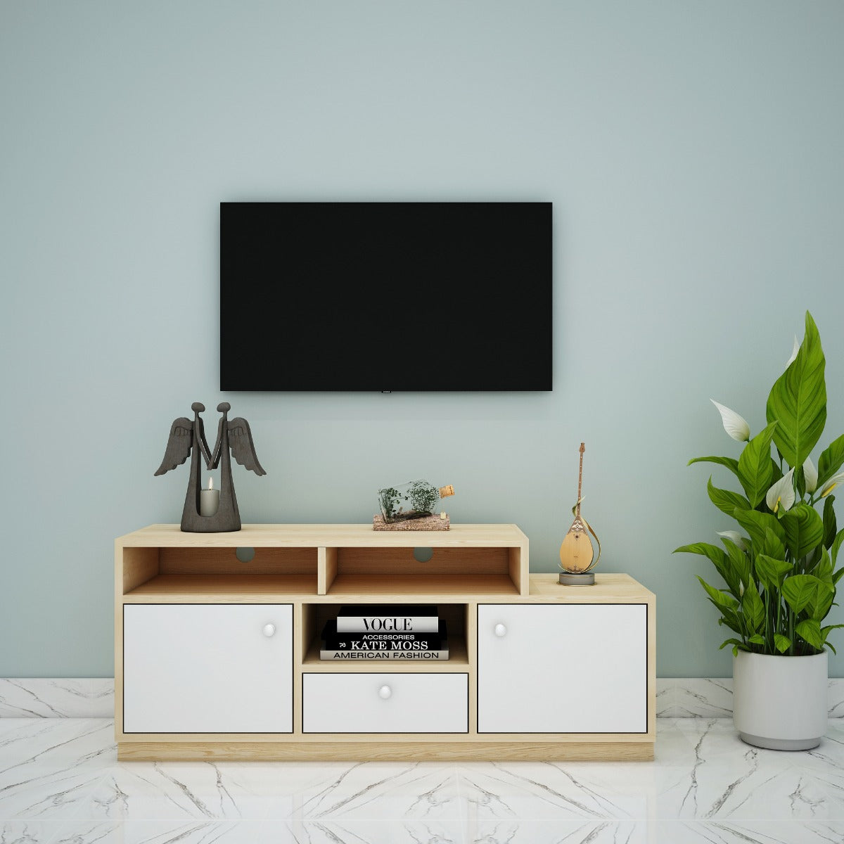 Entertainment Unit, Wood & White Color Entertainment Unit, Entertainment Unit for Living & Bedroom Area, Entertainment Unit with Open Shelf, Entertainment Unit with Shutter, Entertainment Unit with Drawer, Entertainment Unit - VT - 10014