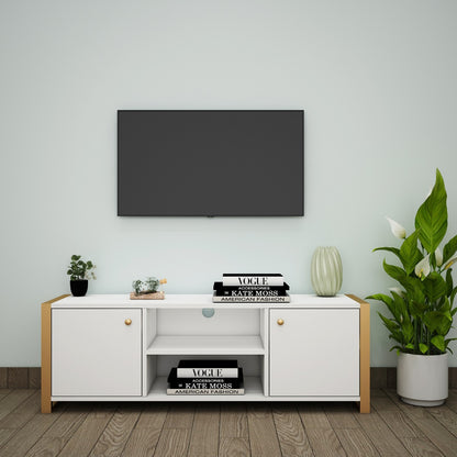 Entertainment Unit, White Color Entertainment Unit, Entertainment Unit for Living & Bedroom Area, Entertainment Unit with Open Shelf, Entertainment Unit with Shutter, Entertainment Unit with MS Leg in Golden Finish, Entertainment Unit - IM - 10014