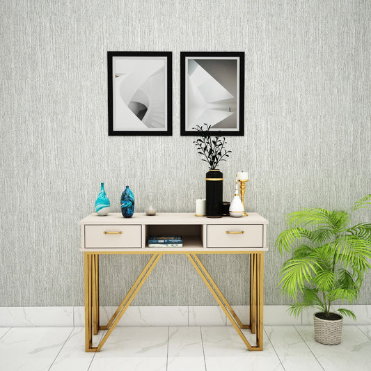 Console Table, Beige Color Console Table, Console Table with Open Shelf, Console Table with Drawer, Console Table with MS Leg in Gold Finish, Console Table - VT-12051