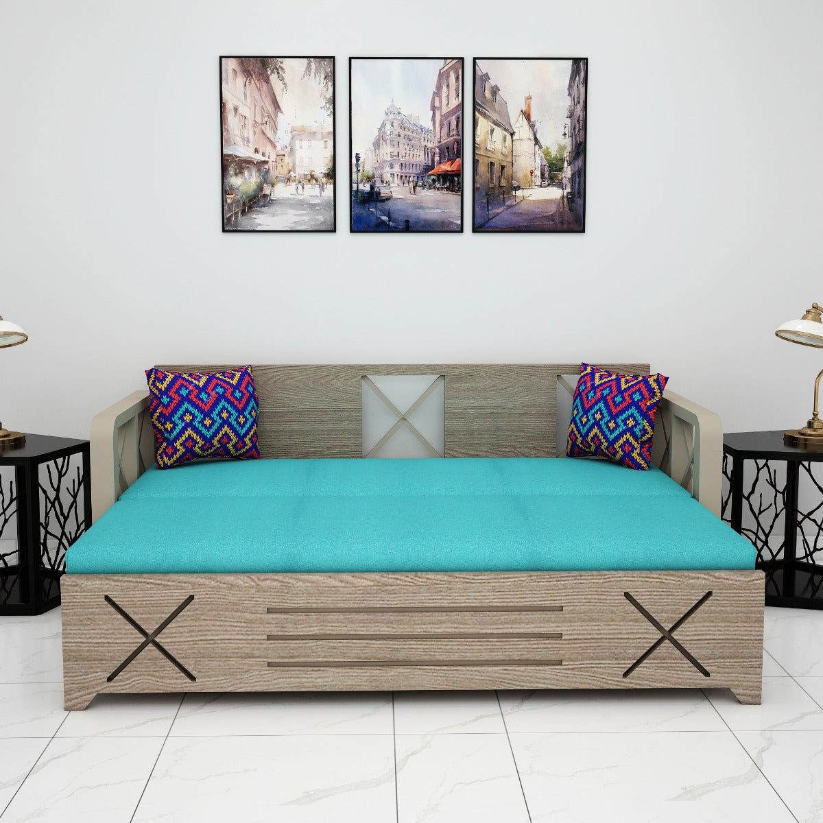 Sofacum Bed, Wood & Blue Sofacum Bed, Sofacum Bed with Drawer, Sofacum Bed with Living & Bedroom Area, Sofacum Bed - VT - 4050