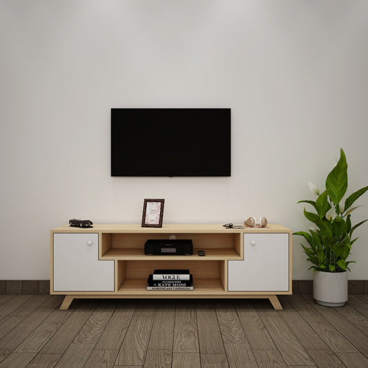 Entertainment Unit, Wood & White Color Entertainment Unit, Entertainment Unit for Living & Bedroom Area, Entertainment Unit with Open Shelf, Entertainment Unit with Shutter, Entertainment Unit - EL - 10008