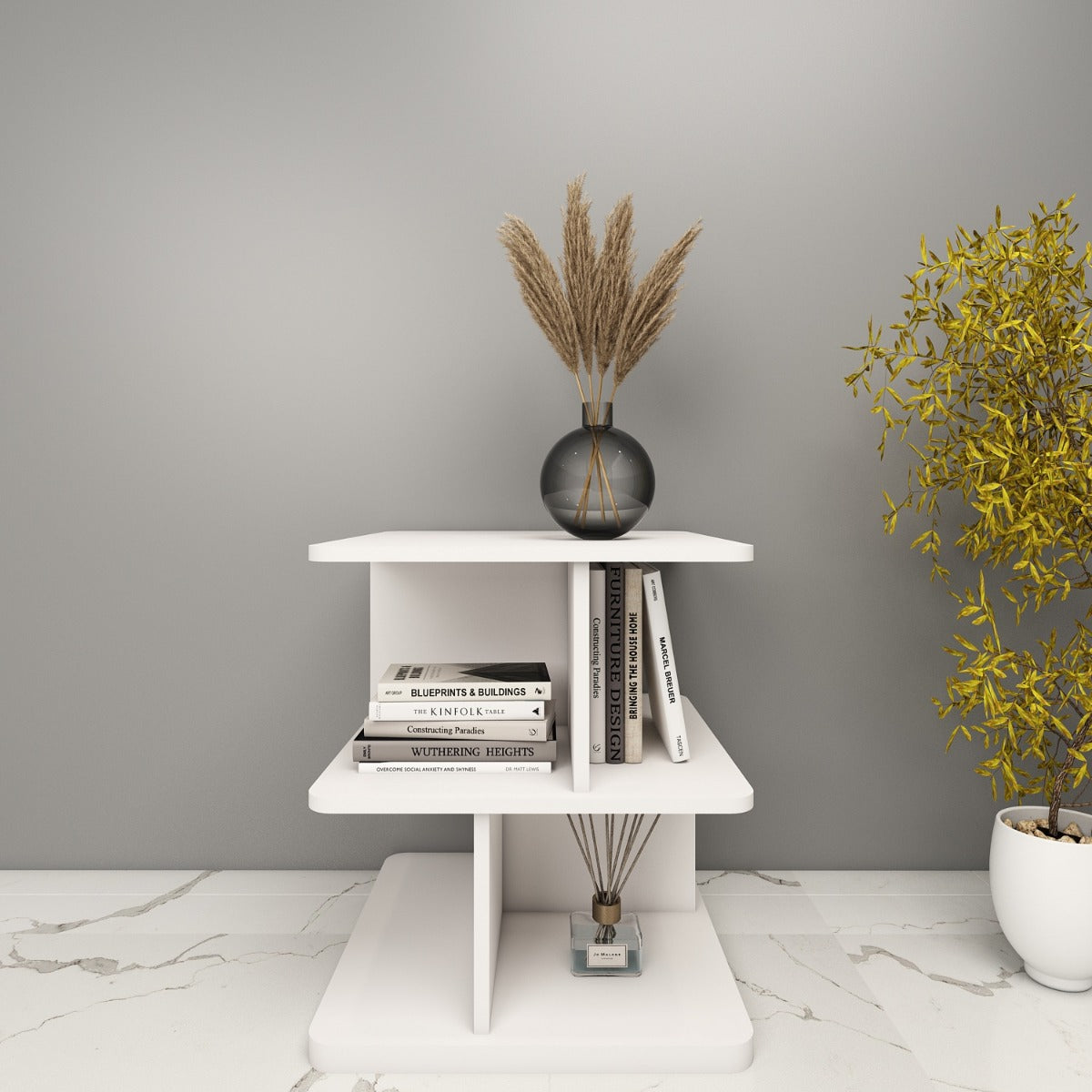 End Table, White End Table, End Table with open shelf,  End Table - EL - 12055