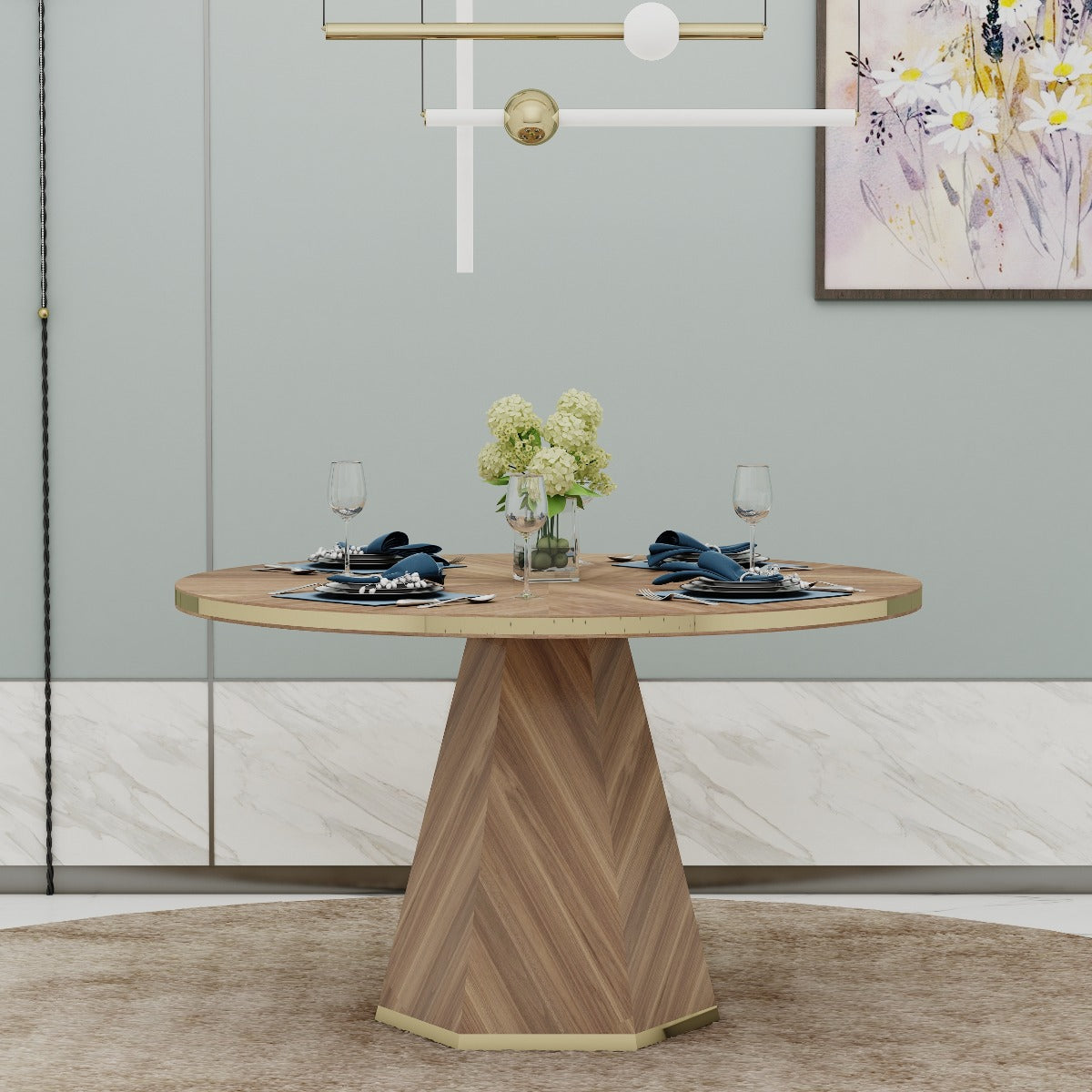 Round Dining Table with Veneer Top and Hexagonal Legs in Matching Veneer Finish - EL790