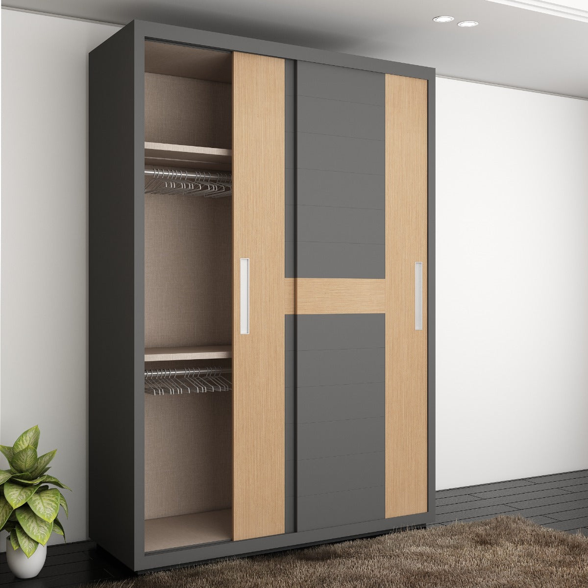 Wardrobe, Wardrobe Sliding Shutter, Wardrobe Hanging Space, Wardrobe Open Shelf,  Wardrobe Recess Handle, Shoes Space with Wardrobe, Grey & Wood Wardrobe, Wardrobe -VT- 7003