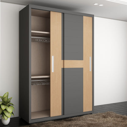 Wardrobe, Wardrobe Sliding Shutter, Wardrobe Hanging Space, Wardrobe Open Shelf,  Wardrobe Recess Handle, Shoes Space with Wardrobe, Grey & Wood Wardrobe, Wardrobe -VT- 7003