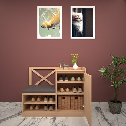 Light Wood Entryway Bench with Grey Cushion and X-Back Design, VT-10005