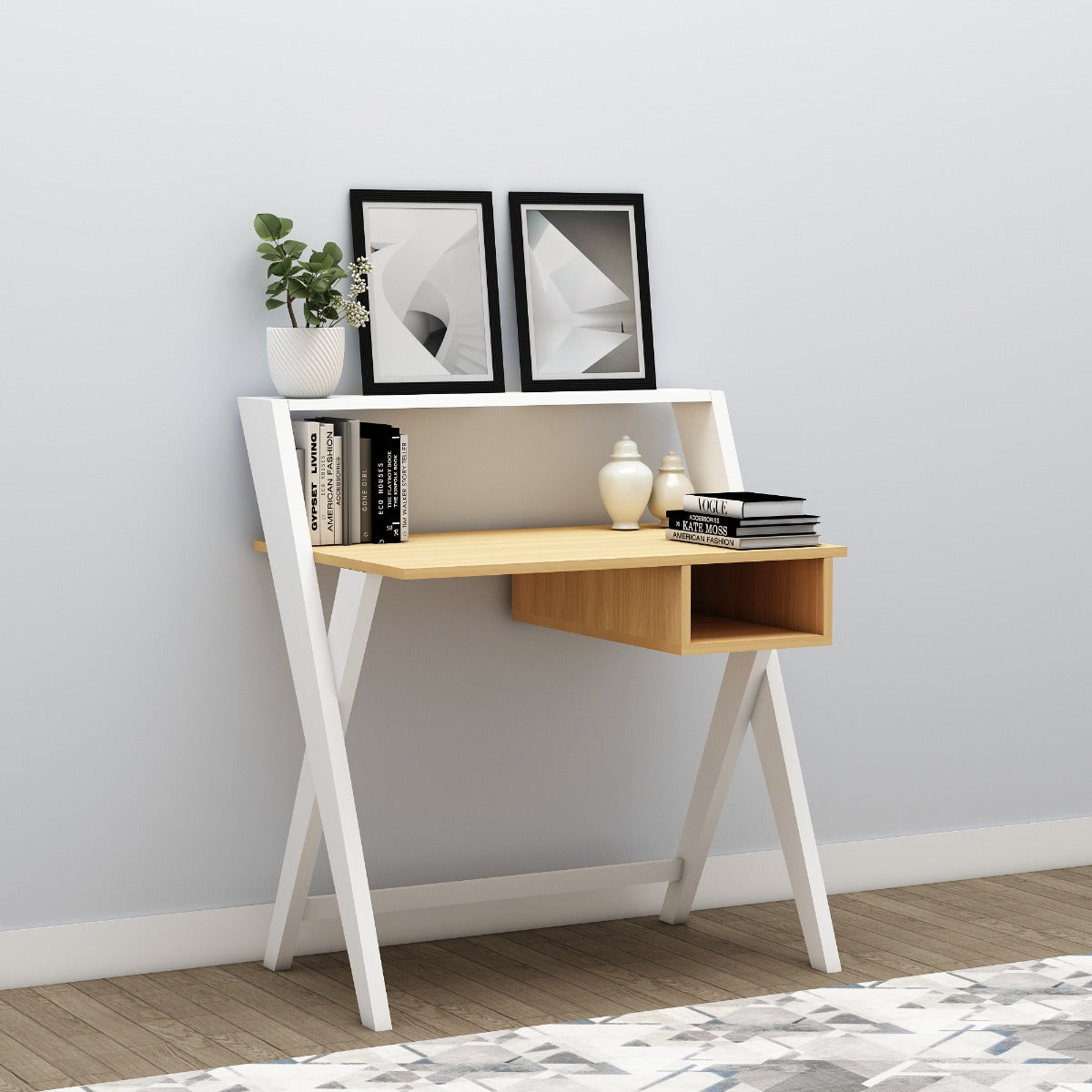 Study Table, Wood & White Color Study Table, Study Table with Open Shelf, Study Table - VT - 12021