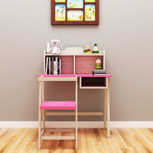 Kids Study Table & Chair, Wood & Pink Color Study Table & Chair, Study Table with Open Shelf, Study Table - IM - 12022