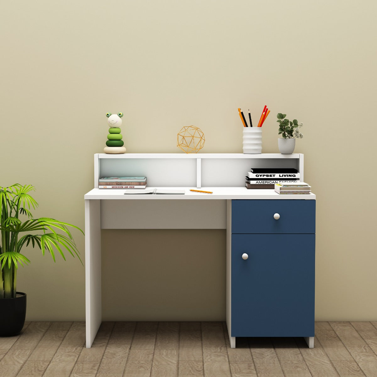 Kids Study Table, White & Blue Color Study Table, Study Table with Dra ...