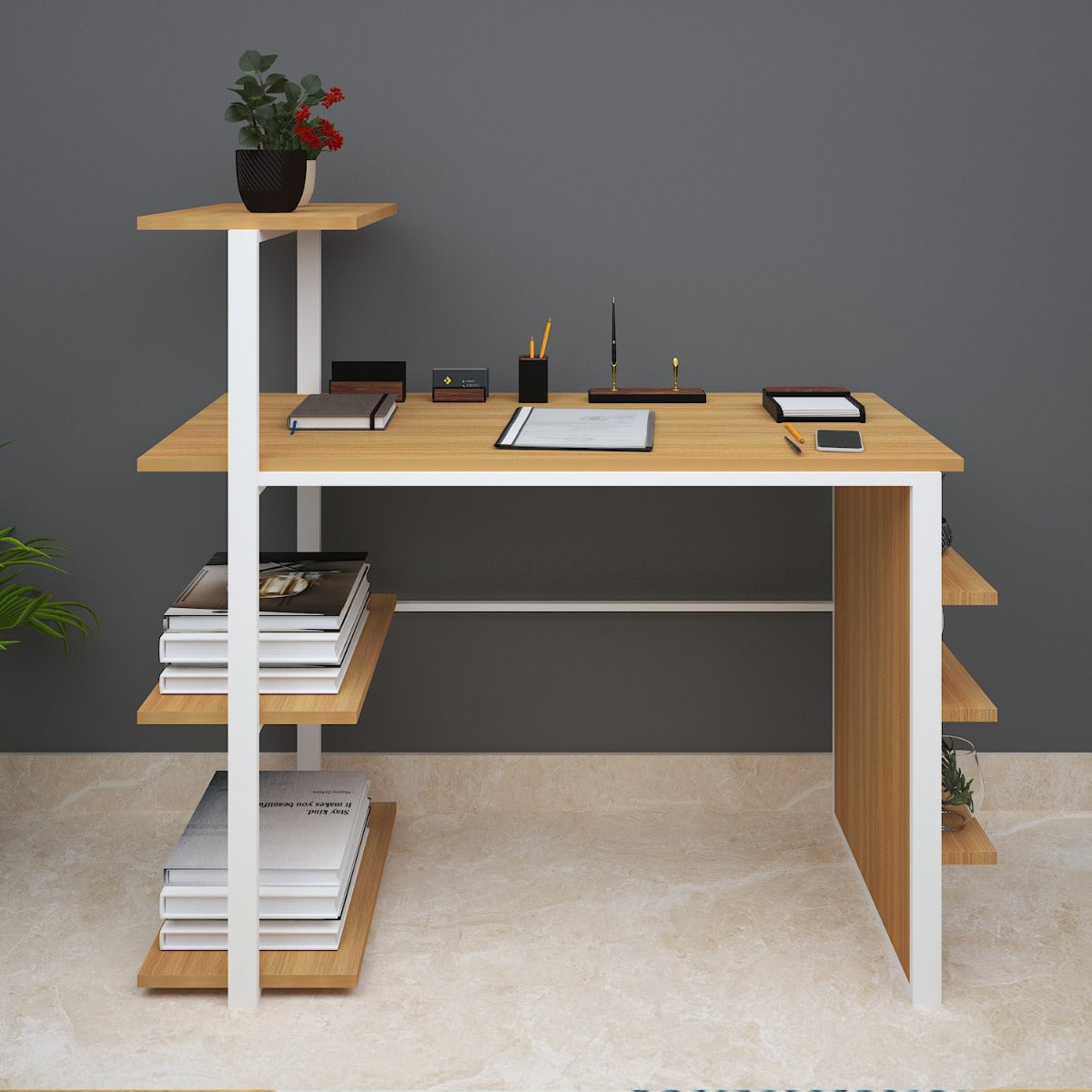 Study Table, Wood Study Table, Study Table with Open Shelf,  Study Table with White MS Leg, Study Table - EL - 12006