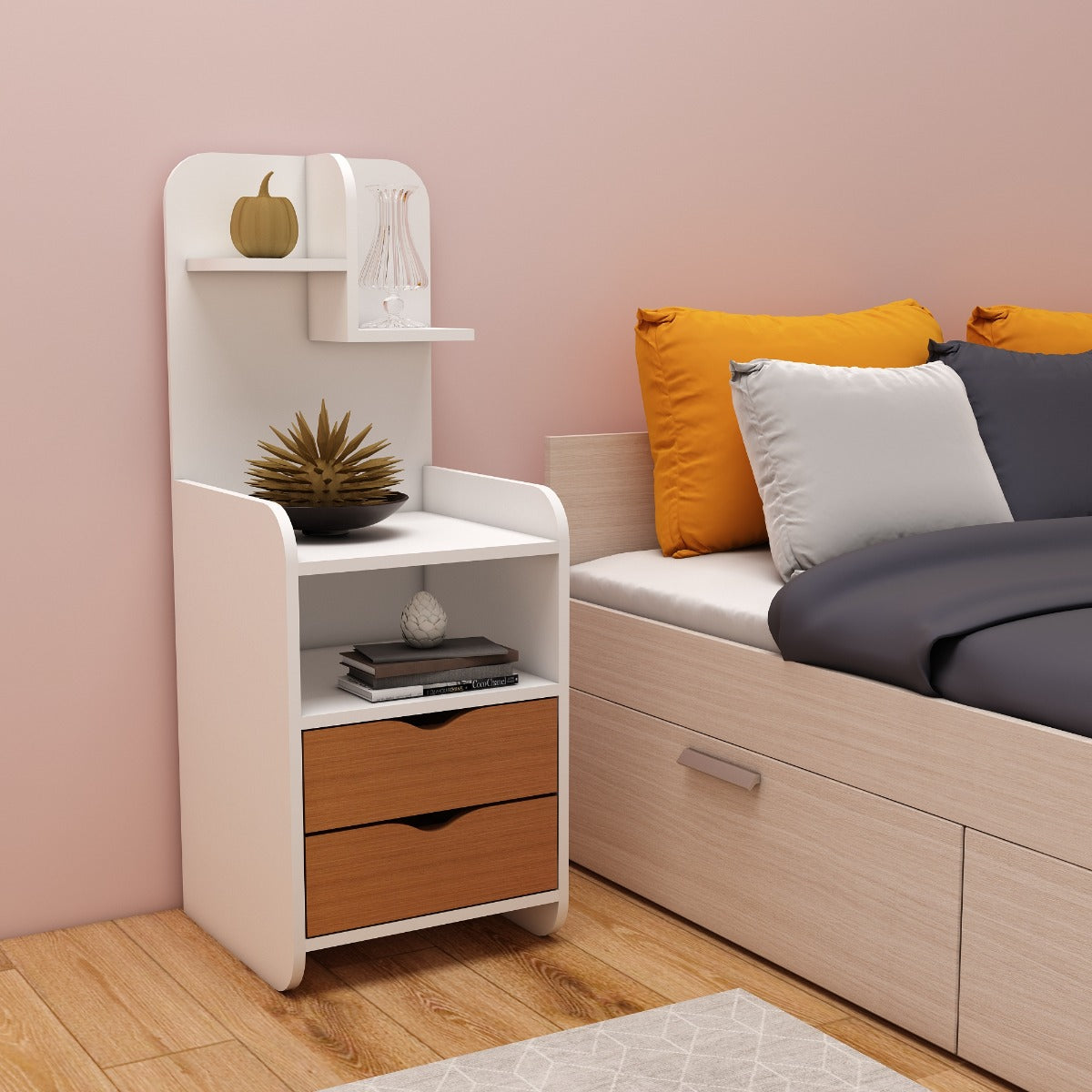 side table, bedside table, side stool, open storage, multi storage, white side table, wood side table, storage with side table, IM - 8000