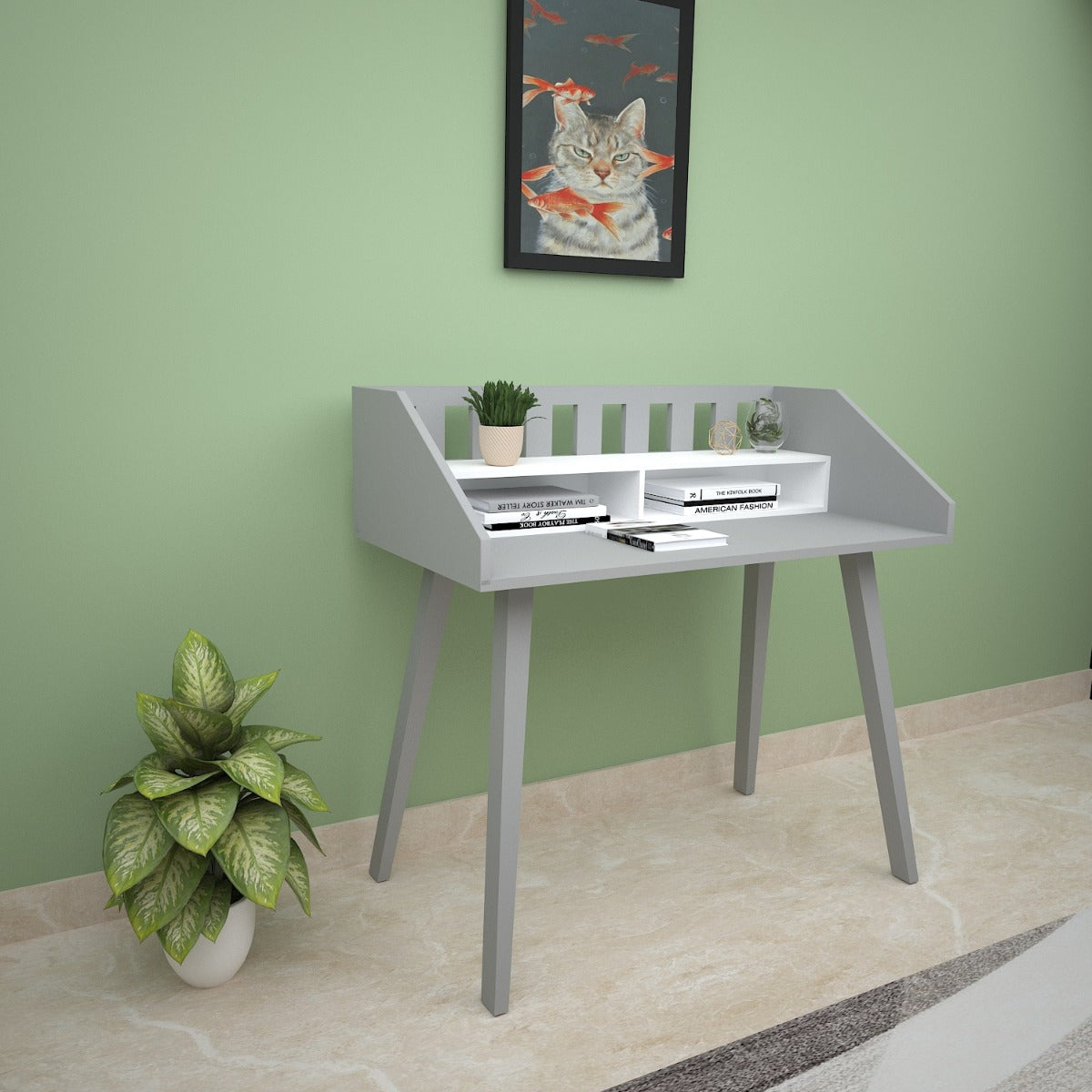 Study Table, Grey & White Study Table, Study Table with Open Shelf, Study Table with Tapered Legs, Study Table - IM - 12002