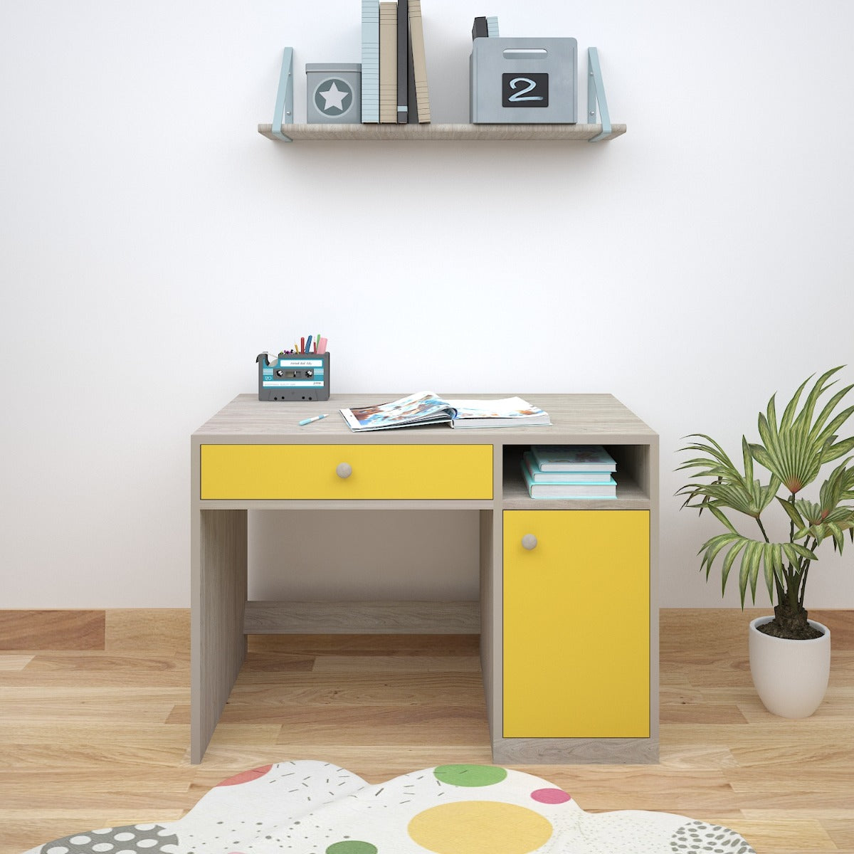 Kids Study Table,  Wood & Yellow Color Study Table, Study Table with Drawer, Study Table with Open Shelf, Study Table with Shutter, Study Table - IM - 12013