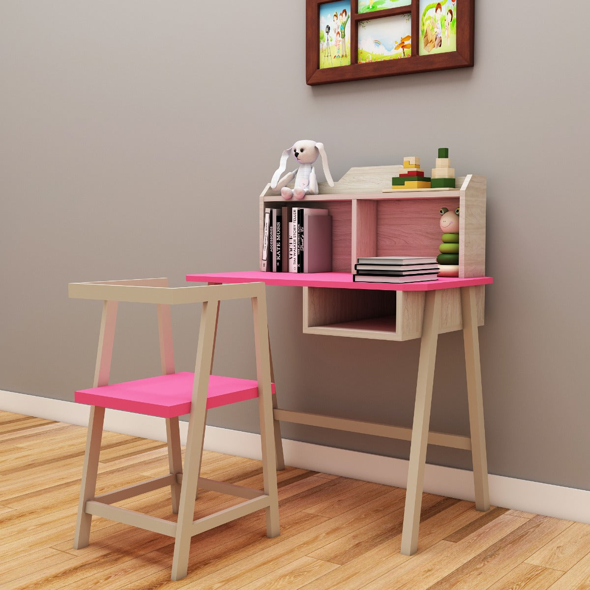 Kids Study Table & Chair, Wood & Pink Color Study Table & Chair, Study Table with Open Shelf, Study Table - IM - 12022