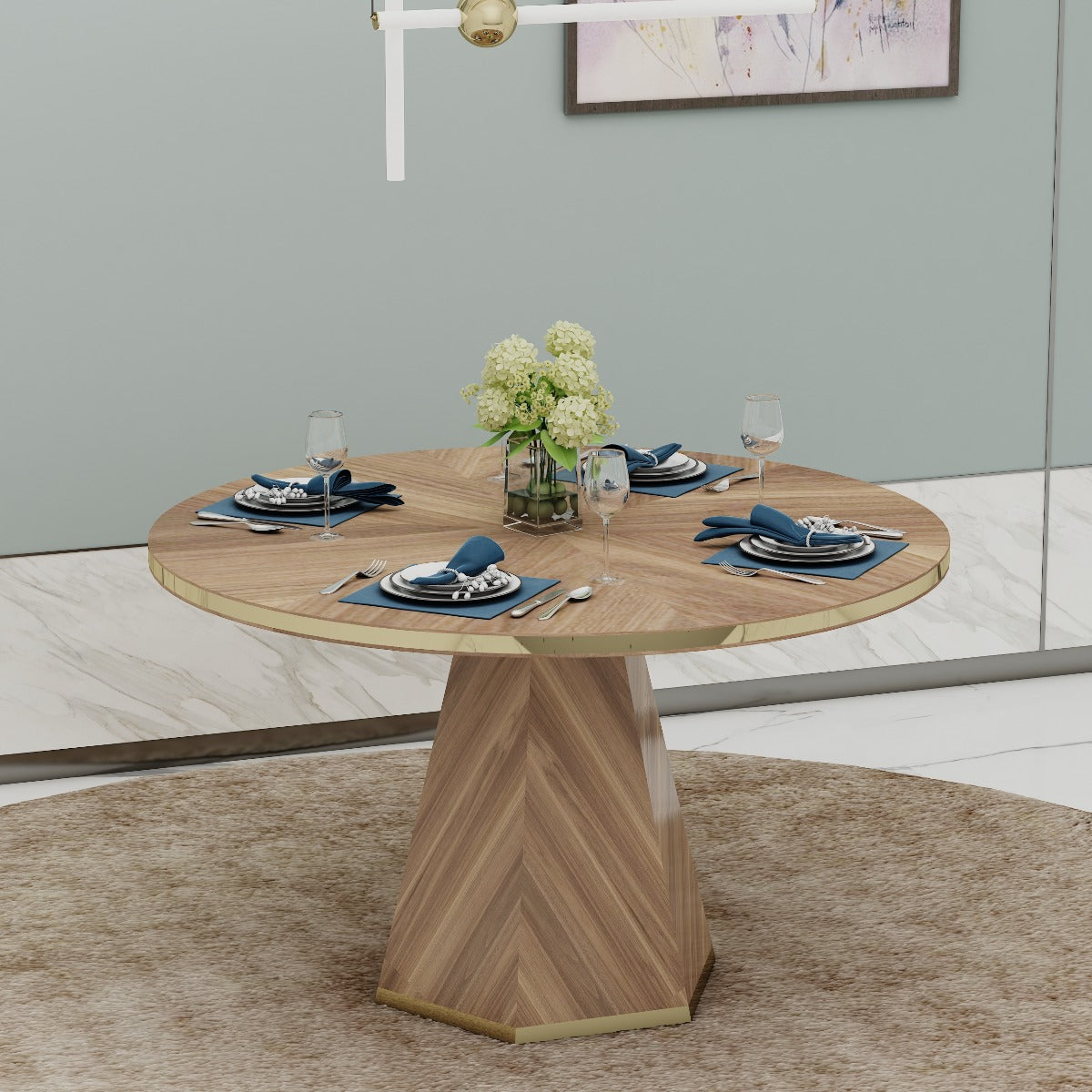 Round Dining Table with Veneer Top and Hexagonal Legs in Matching Veneer Finish - EL790