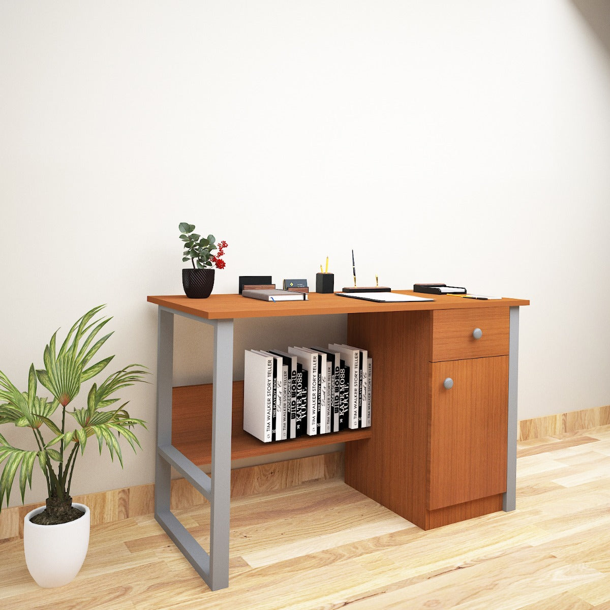 Study Table, Wood Study Table, Study Table with Drawer, Study Table with Dark Grey MS Leg, Study Table with Open Shelf, Study Table with Shutter, Study Table - VT - 12032