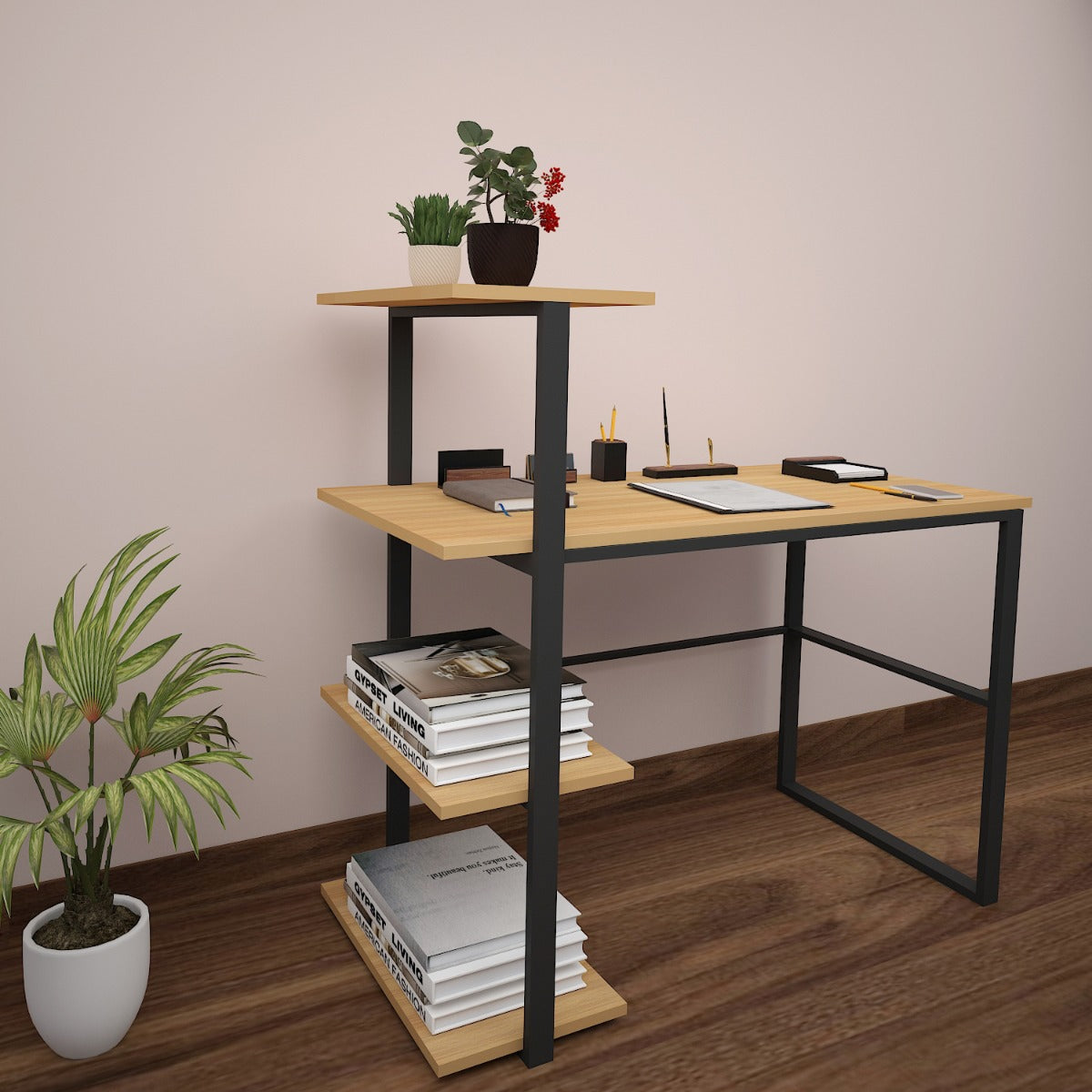 Study Table, Wood Study Table, Study Table with Open Shelf, Study Table with black MS Frame, Study Table - VT - 12047