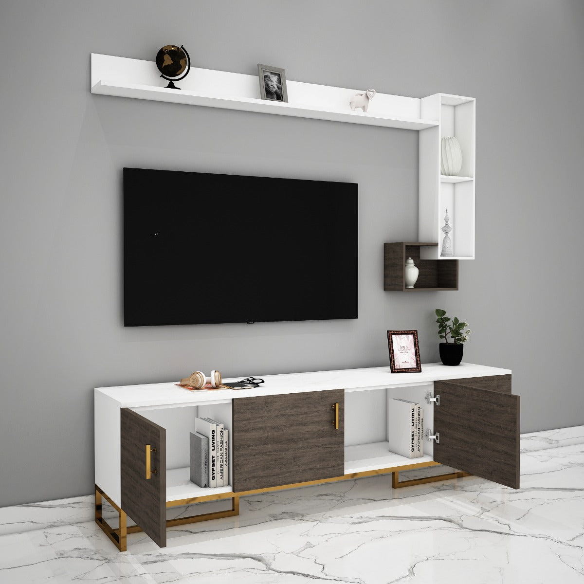 Entertainment Unit, Wood & White Color Entertainment Unit, Entertainment Unit for Living & Bedroom Area, Entertainment Unit with Open Shelf, Entertainment Unit with Shutter, Entertainment Unit with Metal Leg in Golden Finish, Entertainment Unit - IM-10013