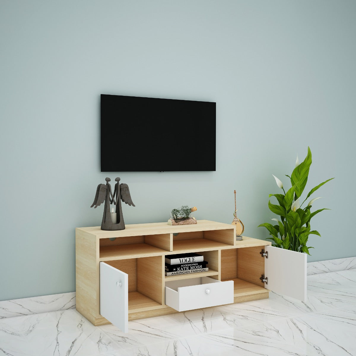 Entertainment Unit, Wood & White Color Entertainment Unit, Entertainment Unit for Living & Bedroom Area, Entertainment Unit with Open Shelf, Entertainment Unit with Shutter, Entertainment Unit with Drawer, Entertainment Unit - VT - 10014