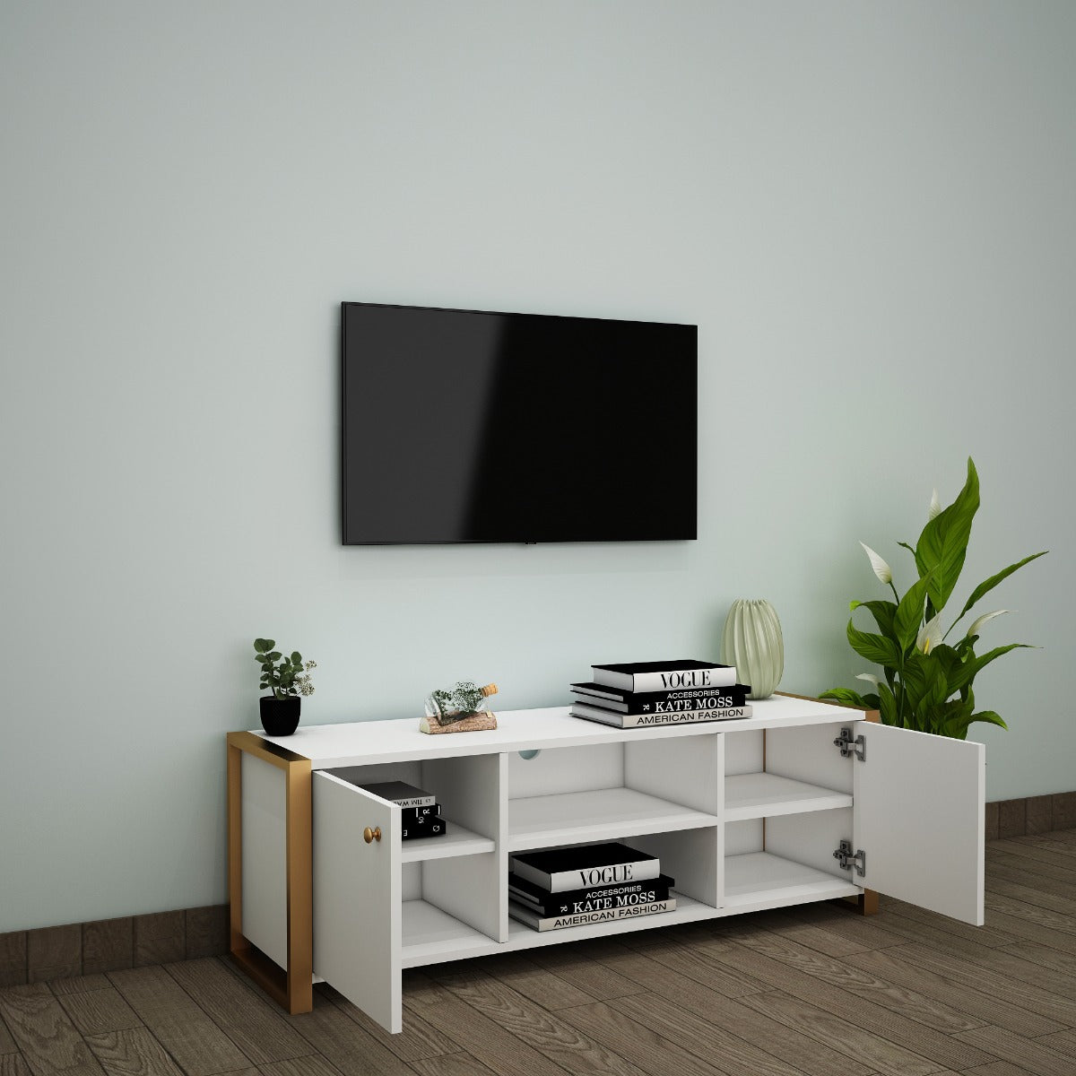 Entertainment Unit, White Color Entertainment Unit, Entertainment Unit for Living & Bedroom Area, Entertainment Unit with Open Shelf, Entertainment Unit with Shutter, Entertainment Unit with MS Leg in Golden Finish, Entertainment Unit - IM - 10014