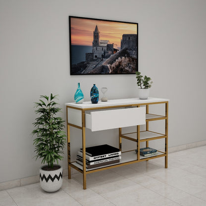 Console Table, White Color Console Table, Console Table with Open Shelf, Console with Drawer, Console Table with Gold Legs, Console Table - VT- 12049