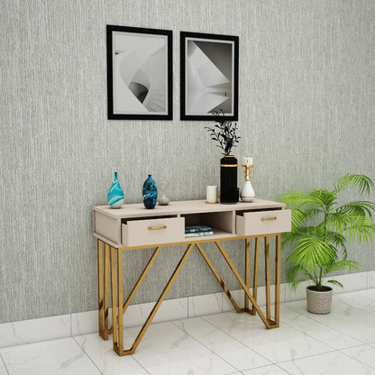 Console Table, Beige Color Console Table, Console Table with Open Shelf, Console Table with Drawer, Console Table with MS Leg in Gold Finish, Console Table - VT-12051