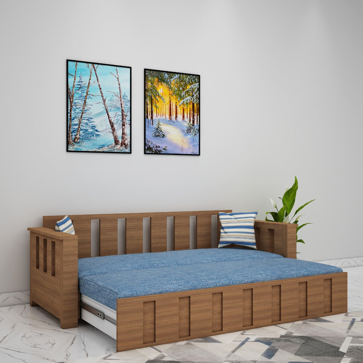 Sofacum Bed, Wood & Blue Sofacum Bed, Sofacum Bed with Drawer, Sofacum Bed with Living & Bedroom Area, Sofacum Bed - IM - 4050