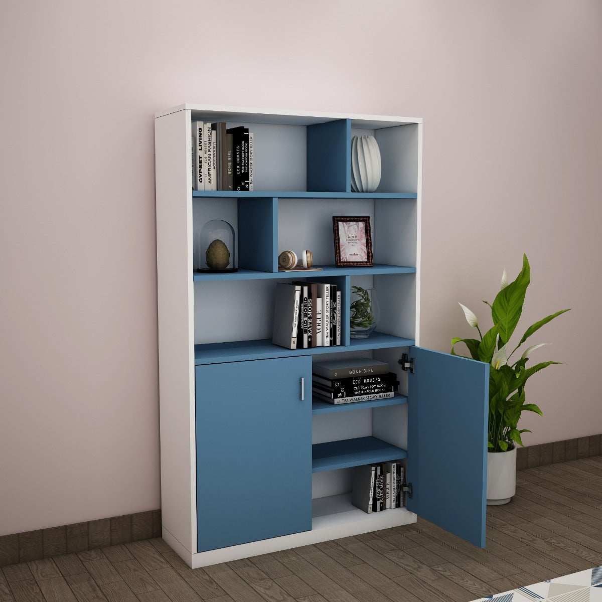 Office Cabinet, White & Blue Color Office Cabinet, Office Cabinet with open shelf, Office Cabinet with Shutter, Office Cabinet - VT- 10016