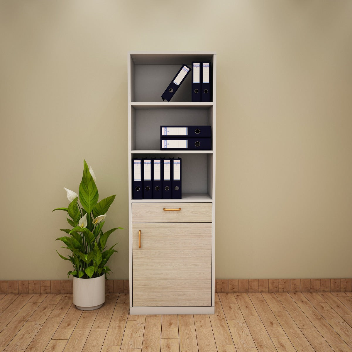 Office Cabinet, Wood & White Color Office Cabinet, Office Cabinet with open shelf, Office Cabinet with Shutter,Office Cabinet with Drawer, Office Cabinet - IM- 10021