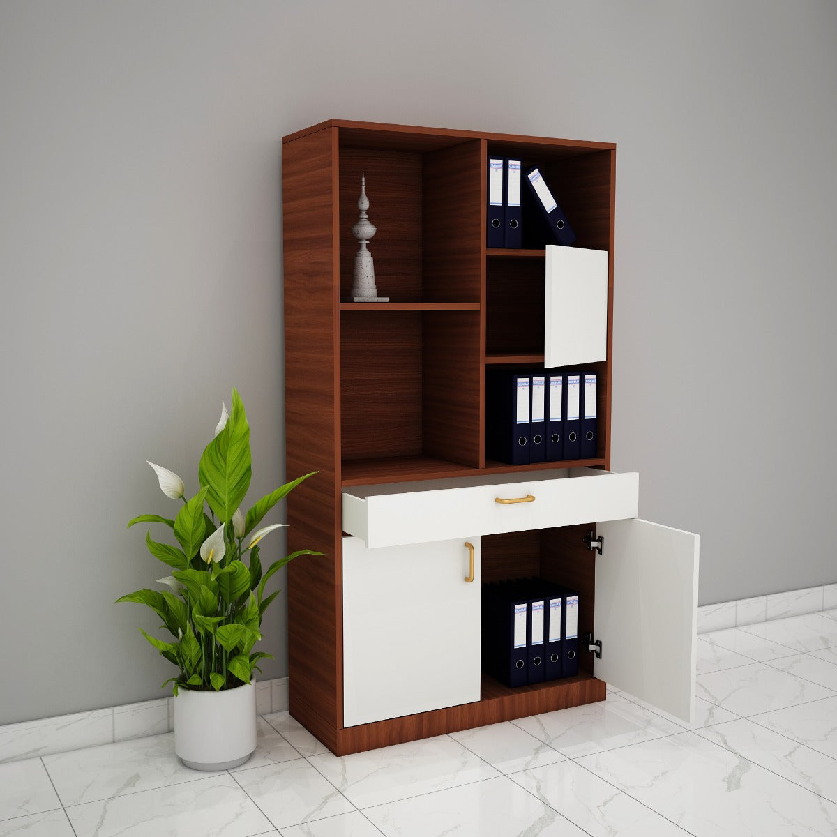 Office Cabinet, Wood & White Color Office Cabinet, Office Cabinet with open shelf, Office Cabinet with Shutter, Office Cabinet with Drawer, Office Cabinet - VT- 10018