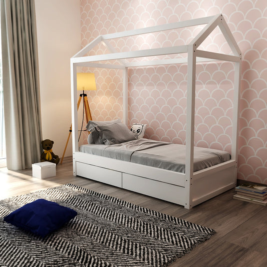 Tent bed, tent bed with wood frame in white colour ,wooden bars on sides, storage drawers on front, Bed-IM- 3016