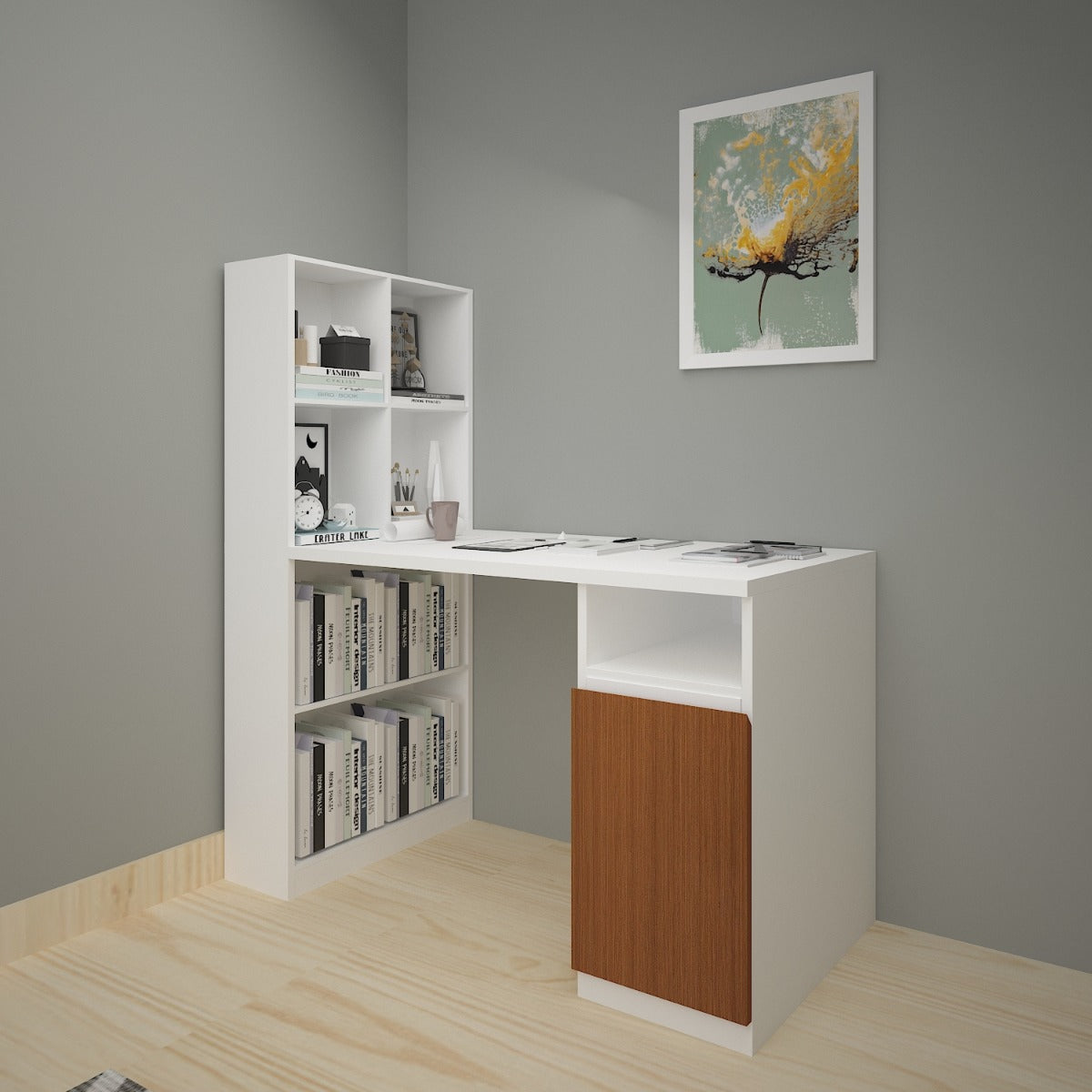 Study Table, Wood & White Color  Study Table, Study Table with Open Shelf,  Study Table Shutter with Finger Groove, Study Table - IM - 12023