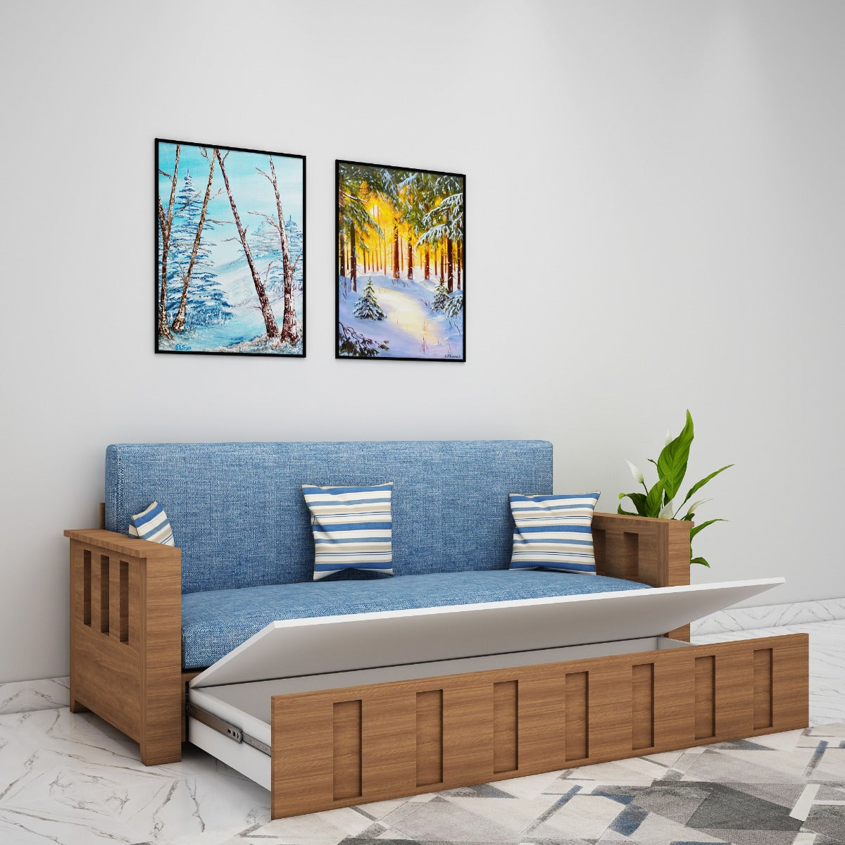 Sofacum Bed, Wood & Blue Sofacum Bed, Sofacum Bed with Drawer, Sofacum Bed with Living & Bedroom Area, Sofacum Bed - IM - 4050