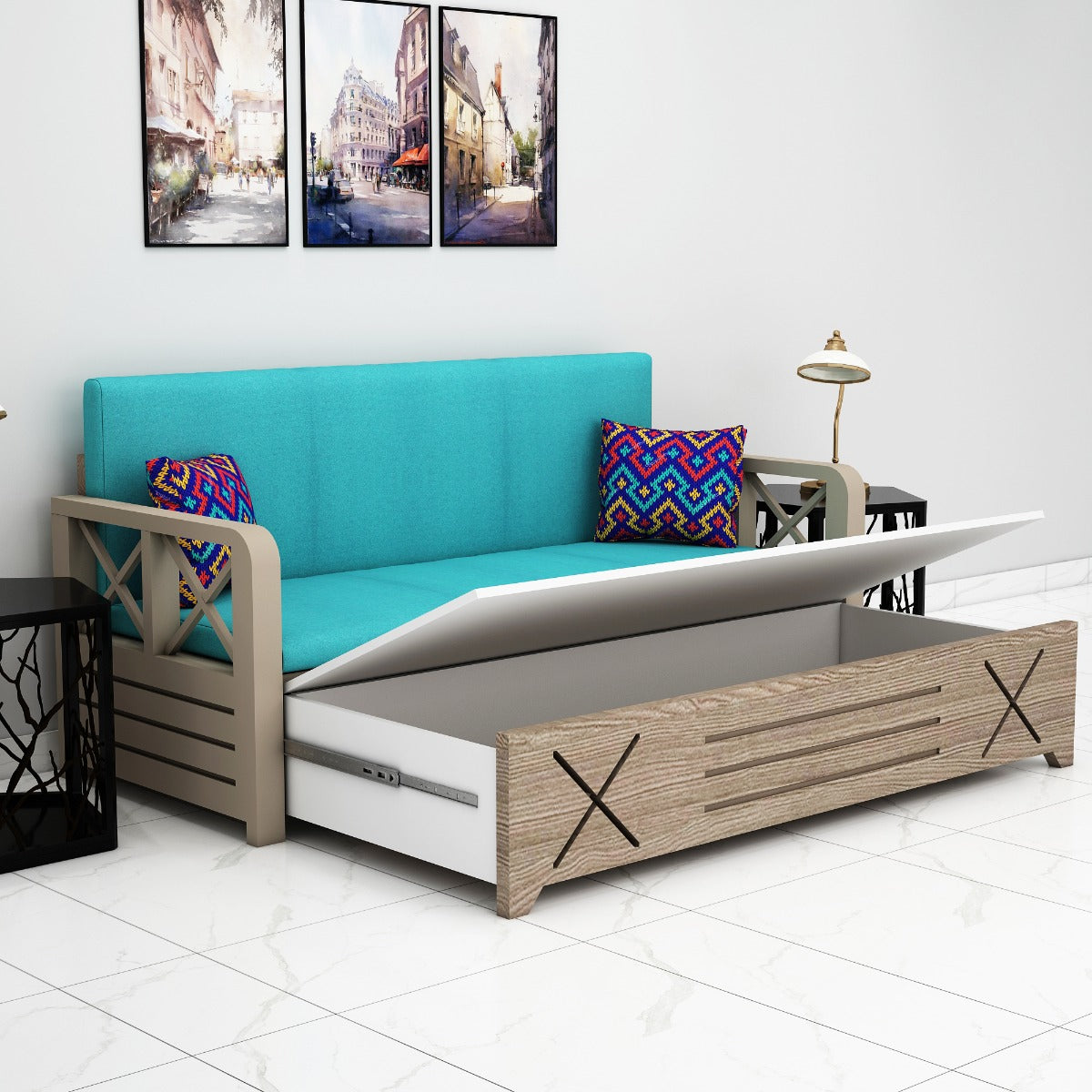 Sofacum Bed, Wood & Blue Sofacum Bed, Sofacum Bed with Drawer, Sofacum Bed with Living & Bedroom Area, Sofacum Bed - VT - 4050