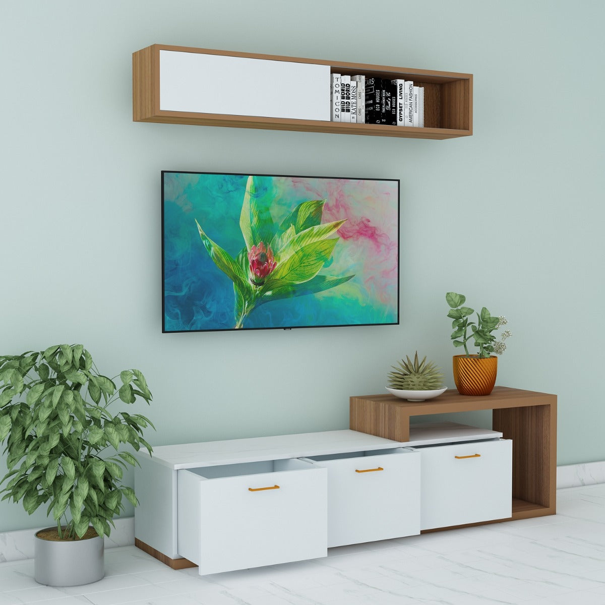 Entertainment Unit, Wood & White Color Entertainment Unit, Entertainment Unit for Living & Bedroom Area, Entertainment Unit with Open Shelf, Entertainment Unit with Drawer, Entertainment Unit - EL - 10011