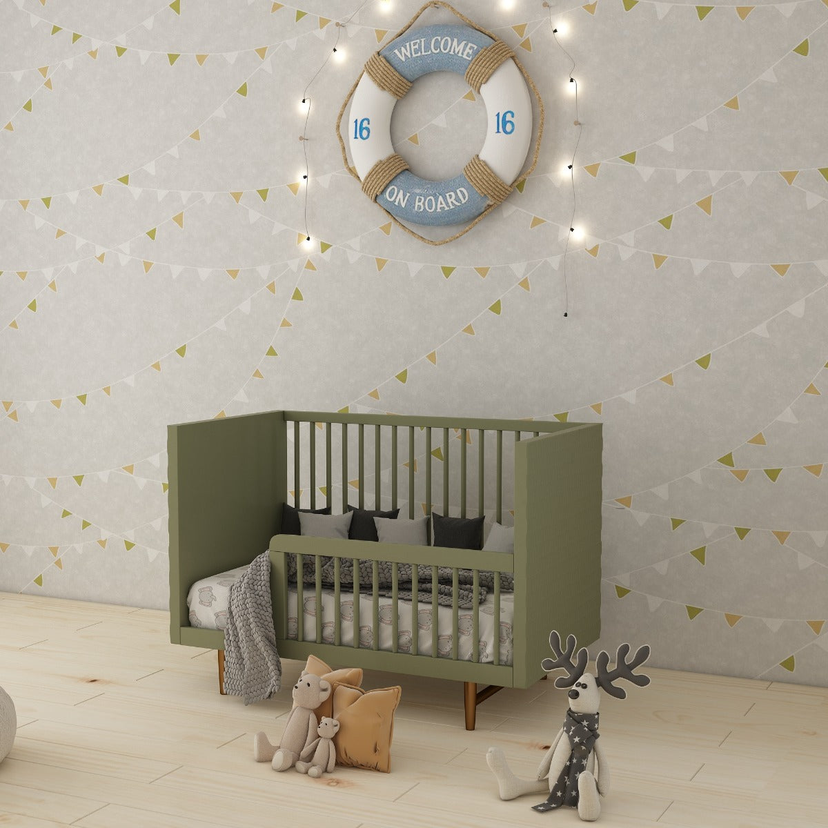 Baby Cribs, Olive Green Color Baby Cribs, Baby Cribs with Drawer,Baby Cribs with Metal Legs in Golden Finish, Kids Cot, Cribs - VT- 5010