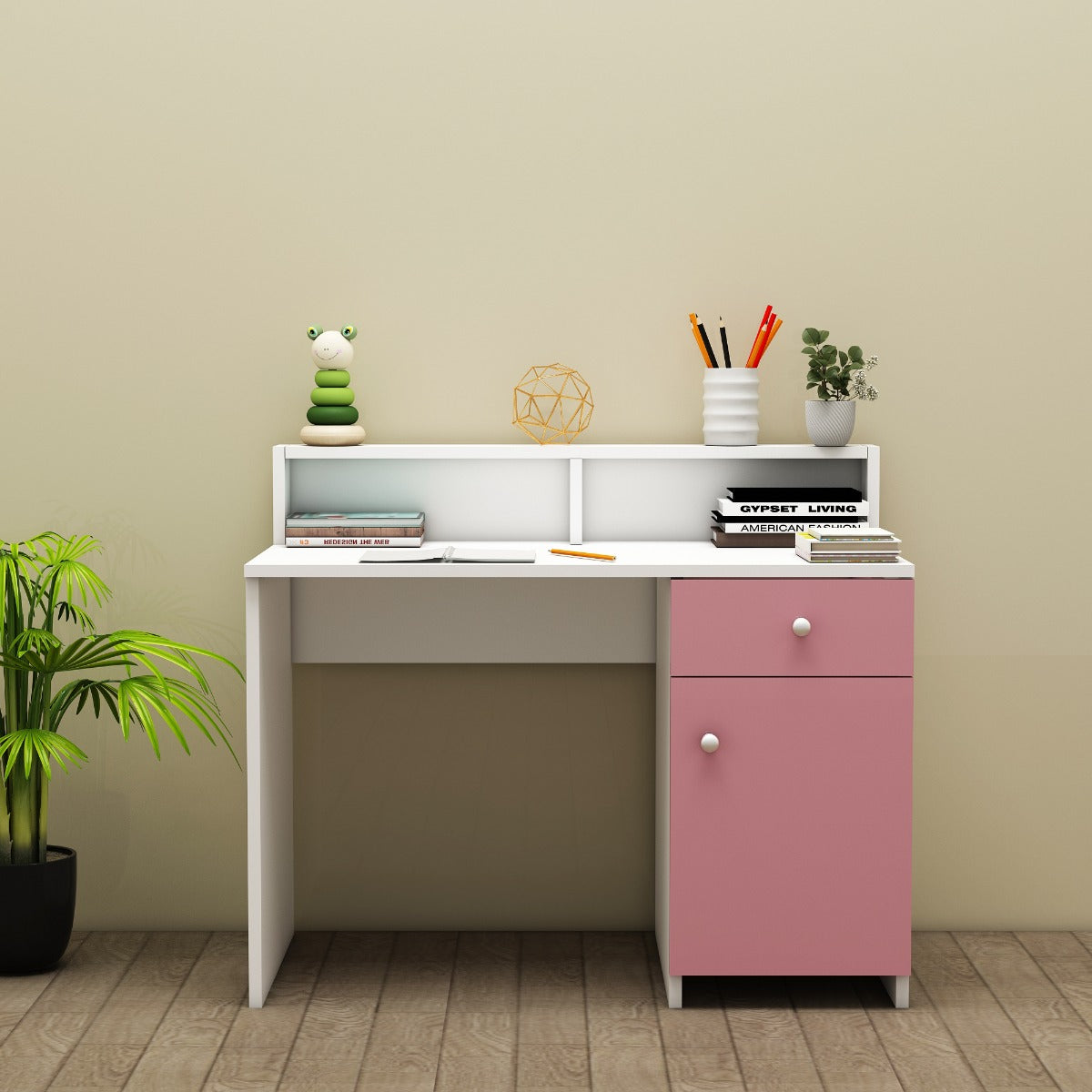 Kids Study Table, White & Pink Color Study Table, Study Table with Dra ...