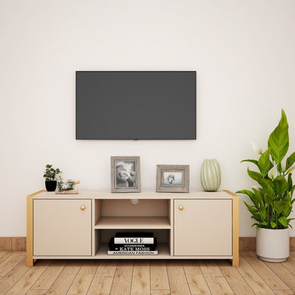 Entertainment Unit, Beige Color Entertainment Unit, Entertainment Unit for Living & Bedroom Area, Entertainment Unit with Open Shelf, Entertainment Unit with Shutter, Entertainment Unit with MS Leg in Golden Finish, Entertainment Unit - IM - 10016